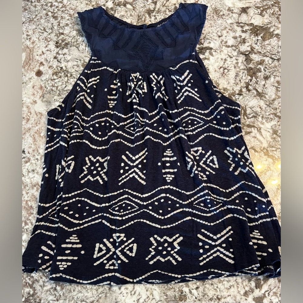 XL Lucky Brand Top Women’s Blue Sleeveless Linen Blend Embroidered Shirt Blouse